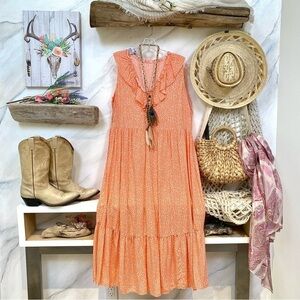 Mandarin vibe floral ruffled boho maxi dress w cottage prairie granny vibe